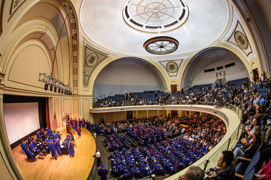 wide angle view of Foellinger Auditorium's interior during Commencement